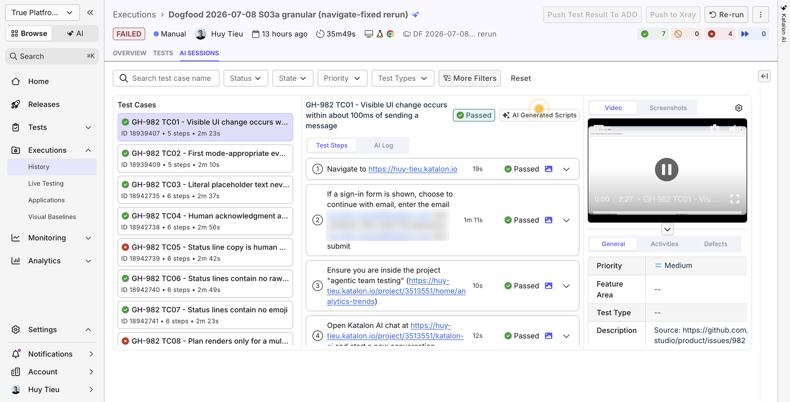 AI session view: natural-language steps, per-step verdicts, and the execution video