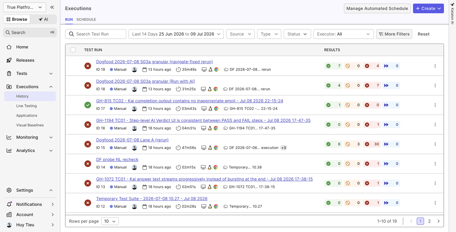 Executions list showing the dogfood test runs for the release on Katalon True Platform