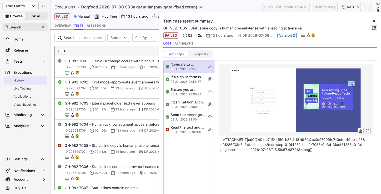 Test result detail: step log with screenshot evidence per step