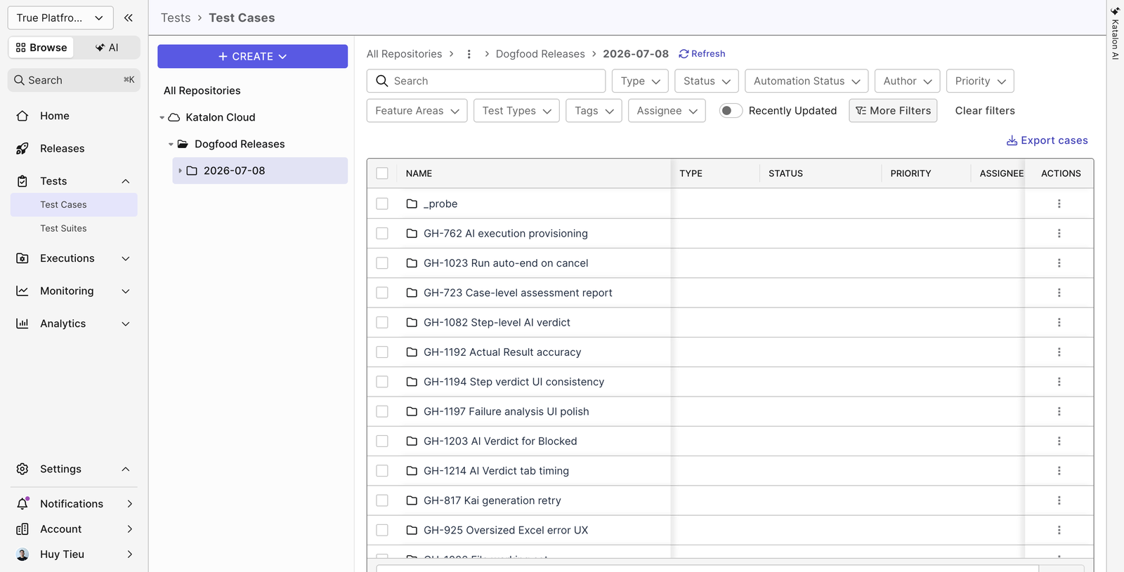 Katalon True Platform test case library: Dogfood Releases folder with one folder per GitHub issue