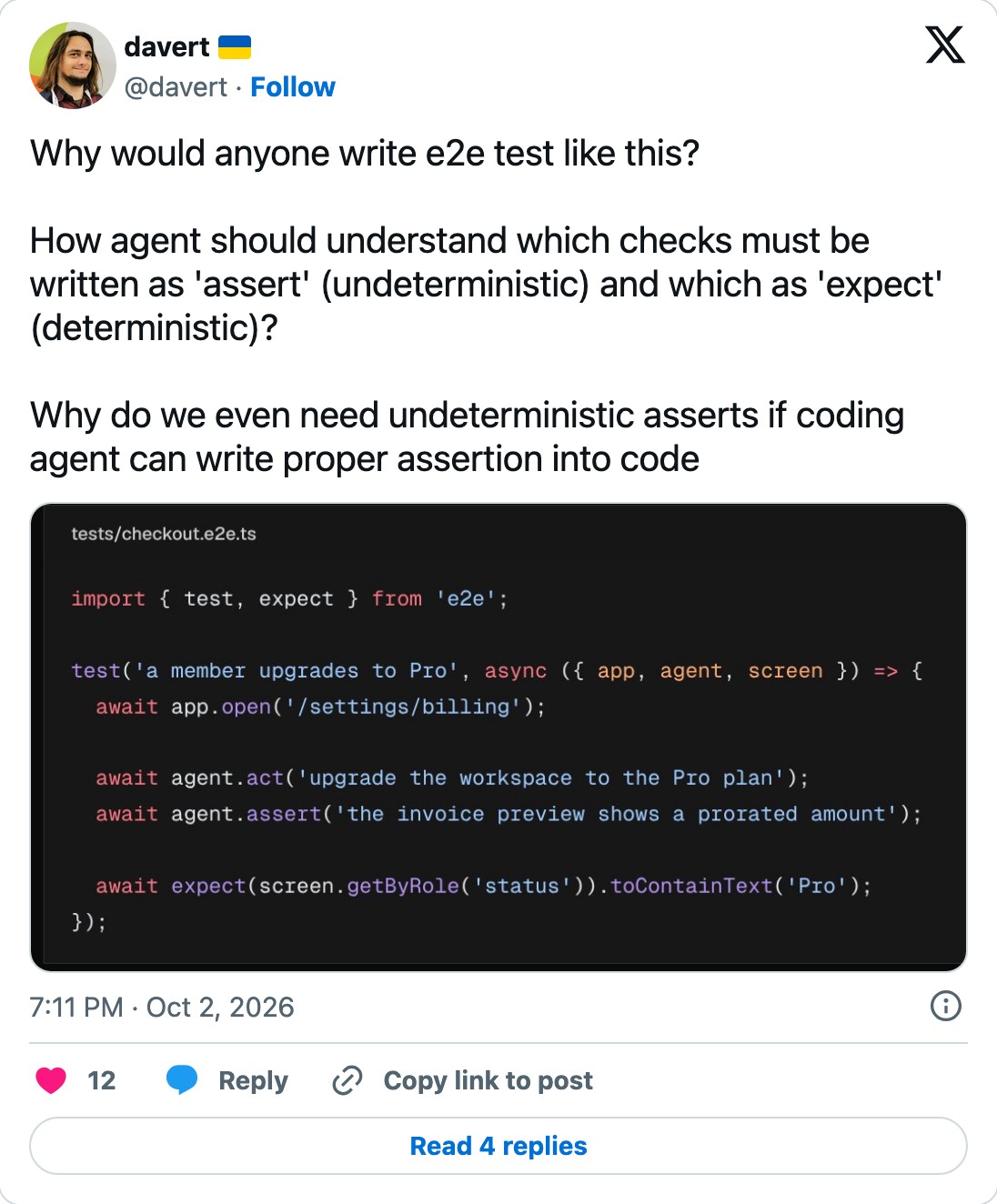 davert asking how an agent should know which checks are written as assert versus expect, with an e2e sample test