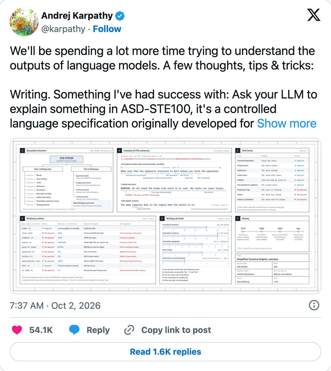 Andrej Karpathy's post: ask your LLM to explain something in ASD-STE100, a controlled language specification